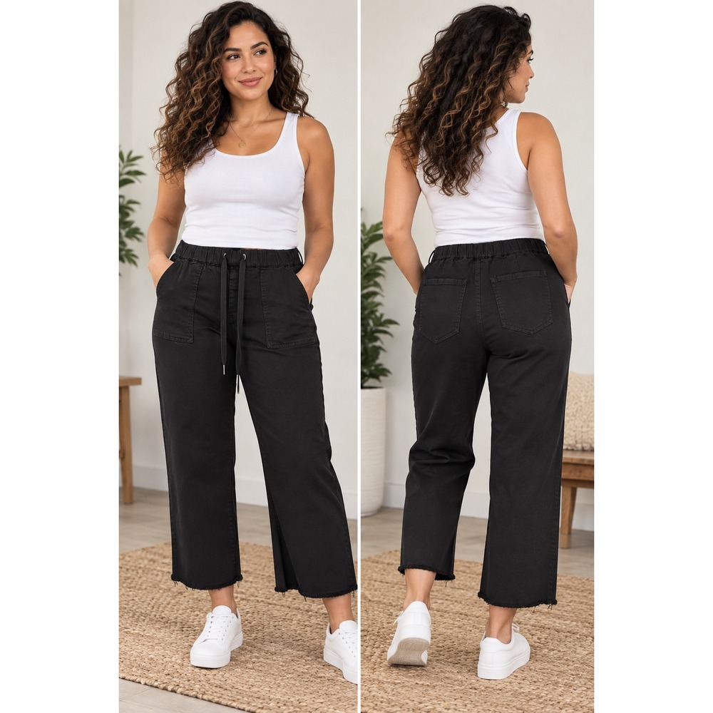 YMI x fp Colorwave Black Wide Leg Utility Crop Pants Raw Hem Elastic Waist